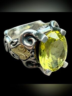 Sz 8 LARGE ANN KING 18K Gold & 925 Filigree Lemon Yellow Quartz Statement Ring